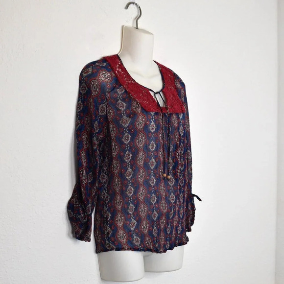 Lucky Brand Floral Crochet Peasant Blouse Sz M Crinkle Sheer Southwestern Boho - Picture 4 of 16